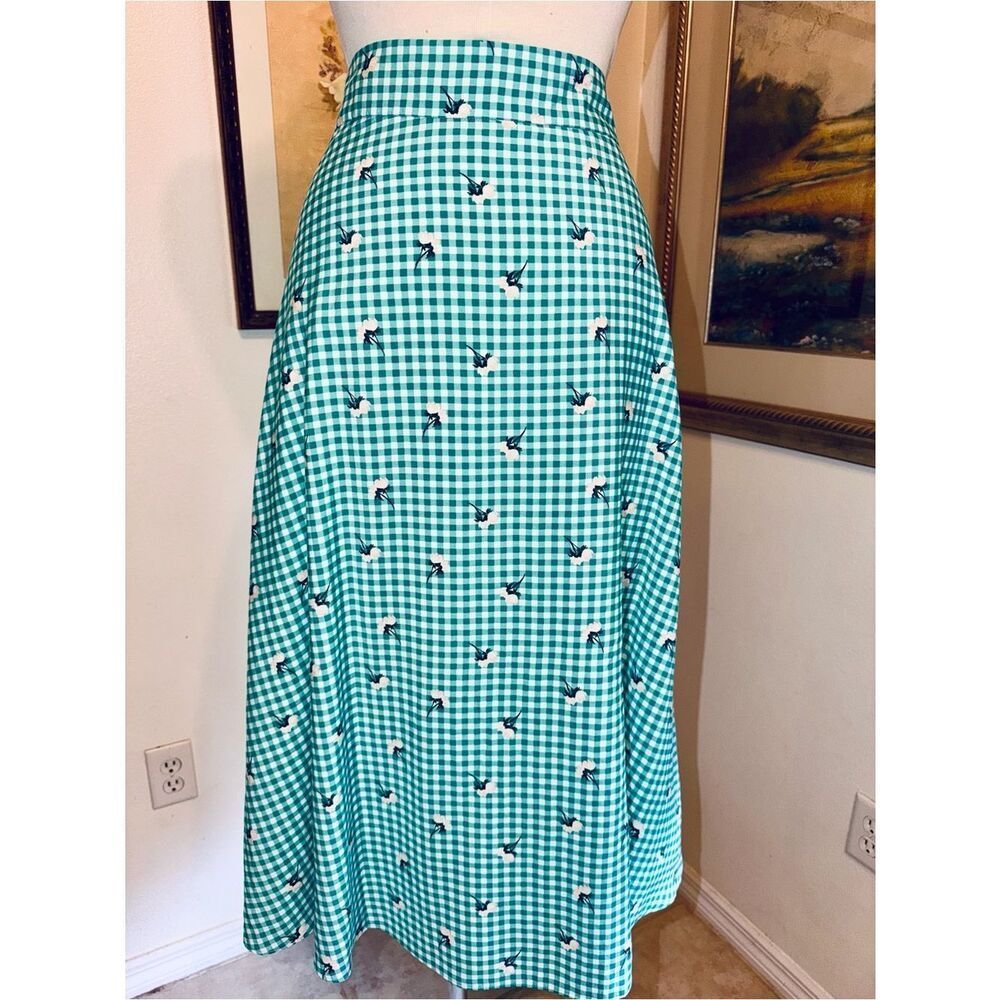 ANN TAYLOR Factory Green/White Checker Floral Tie-Waist Skirt Size 12 - Picture 11 of 15